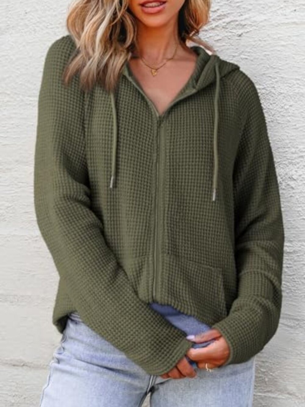 Cozy Full Zip Hooded Waffle Knit Sweatshirt Top for Women - Long Sleeve Casual - Picture 4 of 5